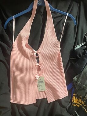 Windsor Pink Ribbed Halter Tank with Bow Details
